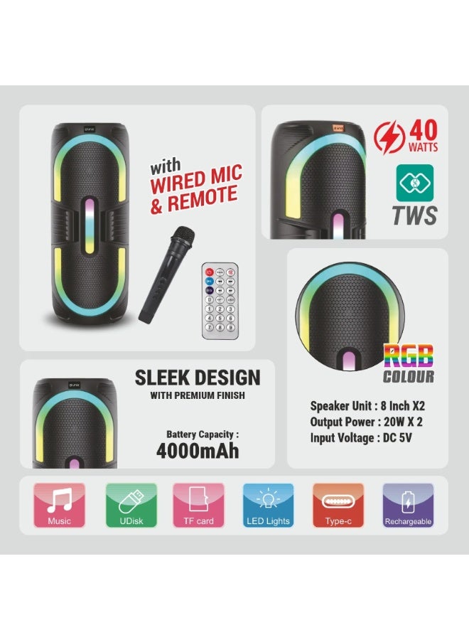 يونيكس سماعة UNIX ODC 40W للحفلات مع بلوتوث | أضواء RGB | صوت ستيريو TWS | ميكروفون لاسلكي وجهاز تحكم عن بُعد | تشغيل متعدد الأنماط، بطارية 4000 م - Image 2